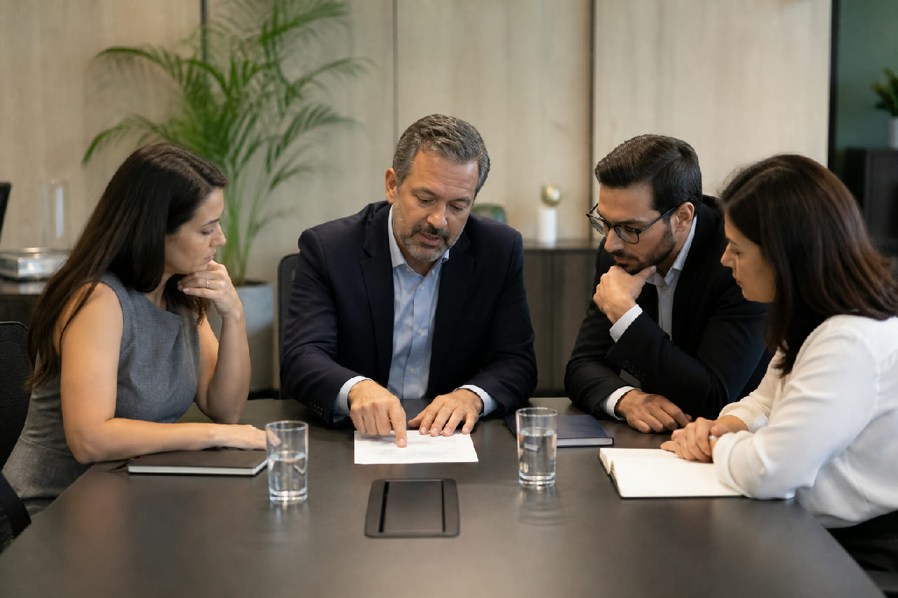 Gestor e três colaboradores em torno de mesa de reunião analisando documento impresso com atenção e expressão concentrada.