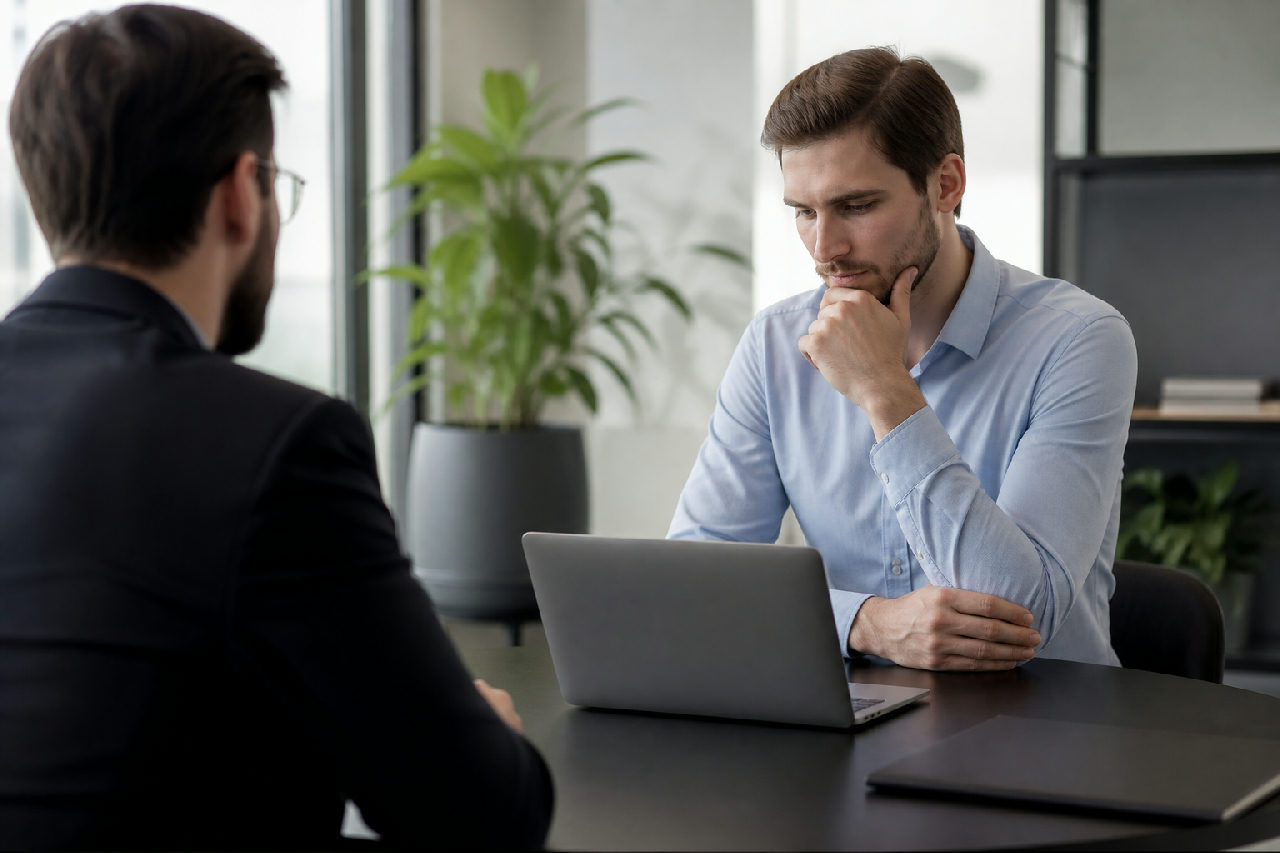 Cliente pensativo em reunião comercial, avaliando uma proposta apresentada em um notebook antes de tomar a decisão.