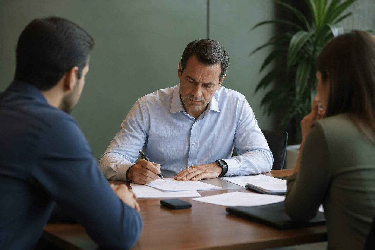 Gestor sentado à cabeceira de mesa de reunião olha com expressão tensa para documentos enquanto colegas aguardam sua decisão.