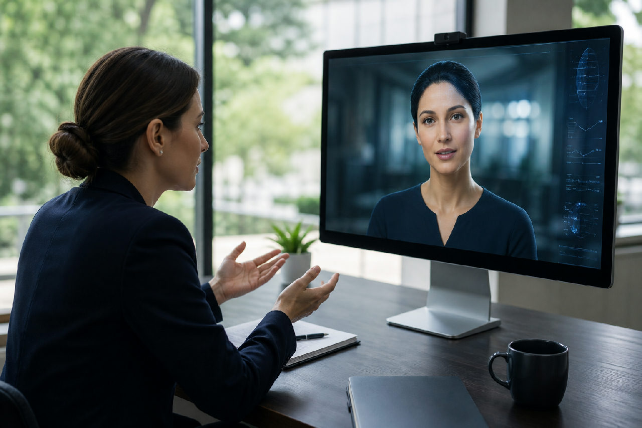 Executiva em um escritório conversando com um avatar digital de inteligência artificial exibido em um monitor.